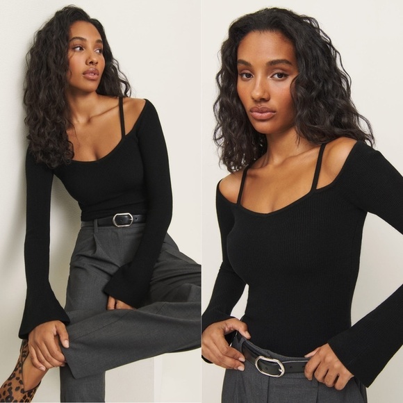 REFORMATION Romey Ribbed Black Sweater